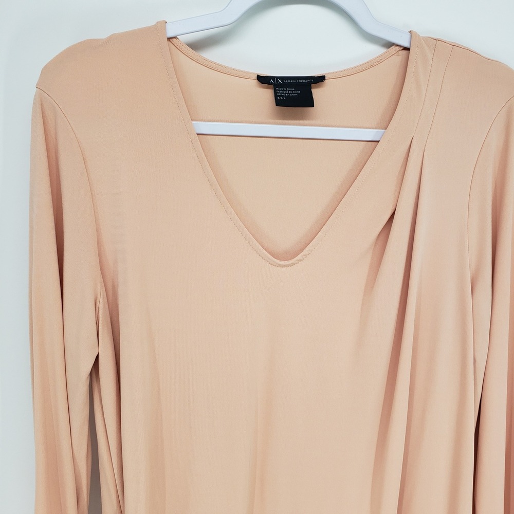 Armani Exchange Draped V-Neck Top Womens S Peach Long Sleeve Minimalist Blouse - Picture 4 of 8